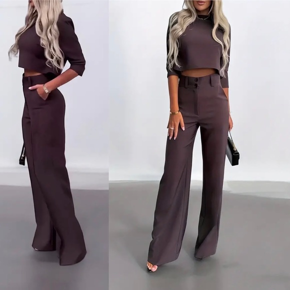 Adorable NWT boutique deep red High-waist, wide-leg 2-piece pant set! Size XS. - Picture 6 of 14